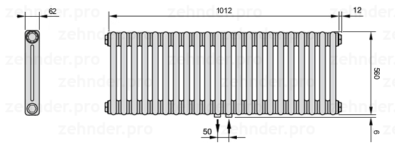 Схема (чертеж) Радиатор Zehnder Charleston 2056/22 №5410 Белый глянцевый RAL 9016